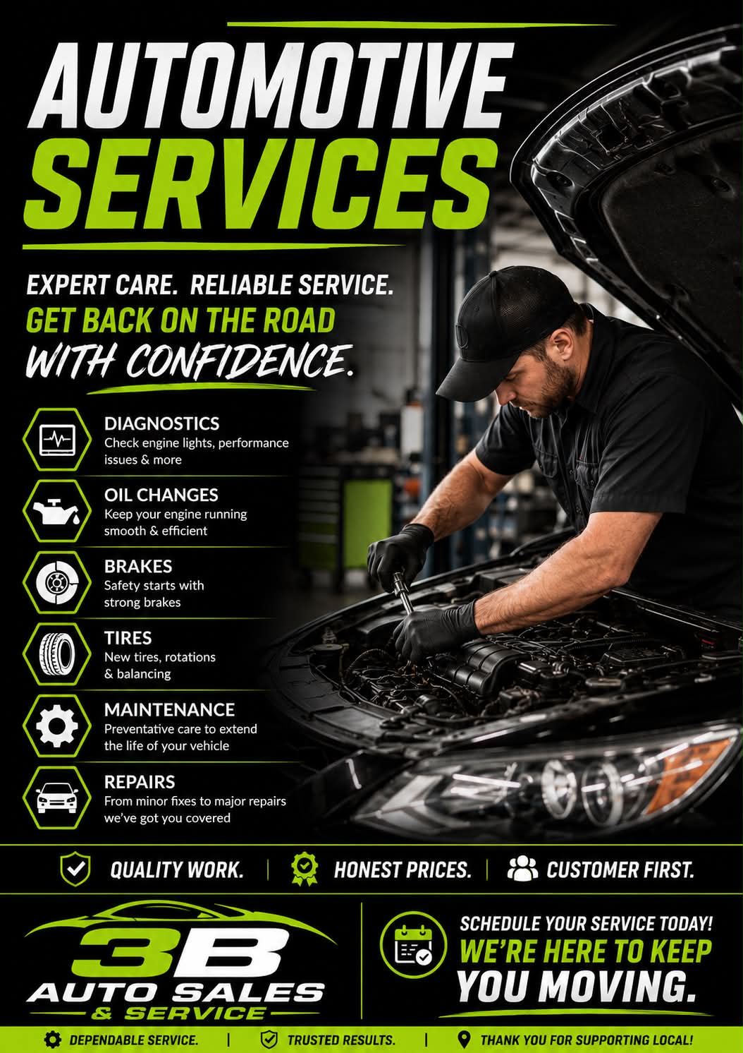 3 B Auto automotive services flyer: diagnostics, oil changes, brakes, tires, maintenance, and repairs